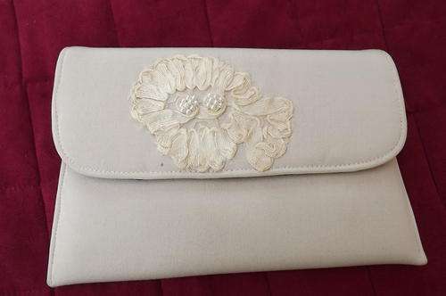 Beige Colour Clutch Bag - Fabric Covered with Ribbon & Pearl Decor on front - 17x25.5cm - good cond
