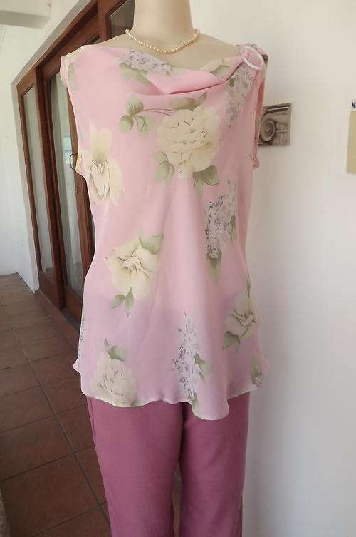 Sleeveless Pink Floral Top with Draped Neckline-Gathered on Shoulder with Buckle-size 18/42-good con