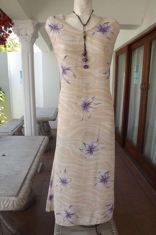 Long Sleek Beige Polyester Dress with Pretty Purple Flowers in size 20/44 - as new