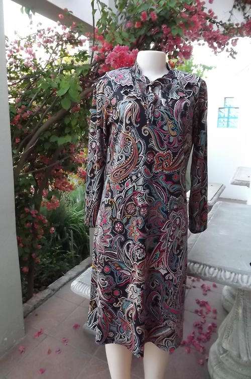 Vintage Paisley Patterned Black Dress with Multi Colours in size 12/36 by Lucky Lady -good condition