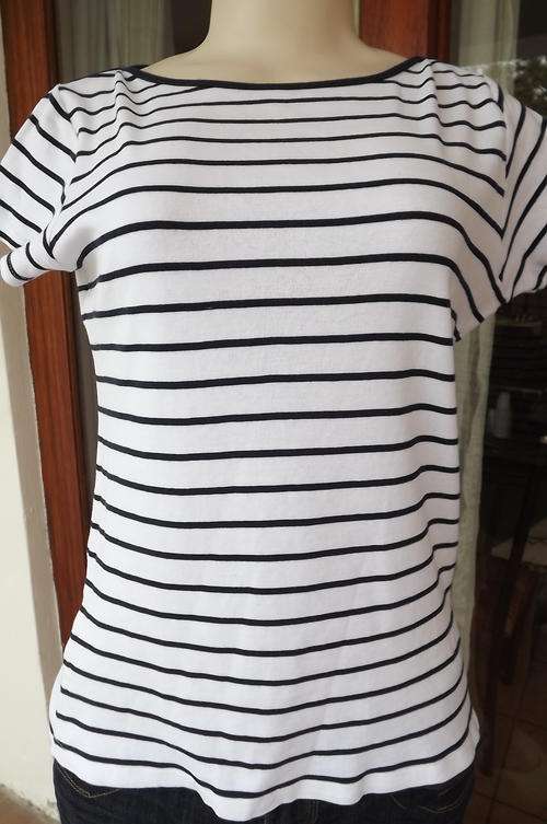 White Top with Navy Stripes - Cap Sleeves and Boat Neck in size 12/36 - French make by Camaieu
