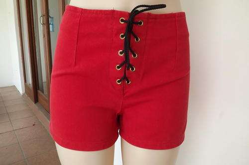 Red Denim Shorts with Drawstring front and zipped back by No in size 10/34 - 100% Cotton - good cond