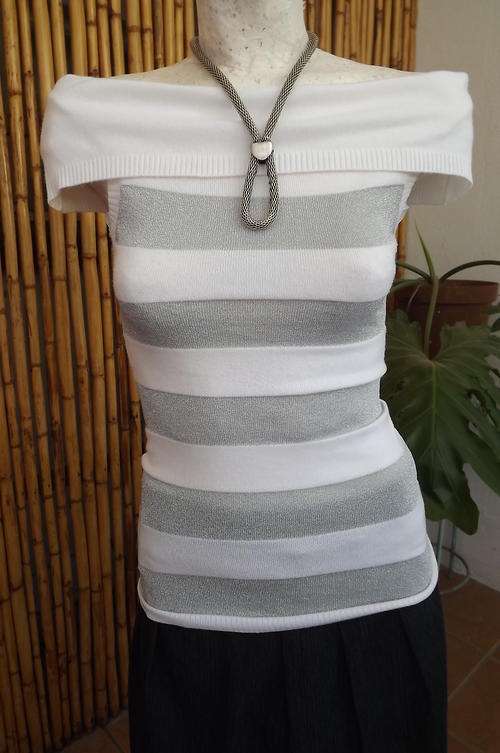 Silver and Off White Horizontal Striped Top in size 8/32 by Nani - as new