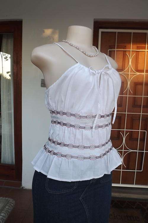 White Smocked Polycotton Top with Drawstring in size 12/36 - used but good for everyday wear