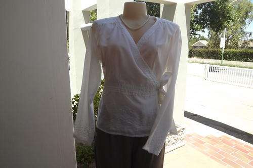 Beautiful Fold Over White Poly Cotton Top-embroidery on hemline and sleeves size 34/10 -good cond