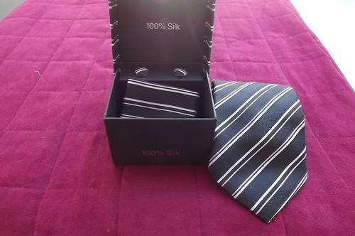 Set of Tie, Handkerchief & Cufflinks in Black, Pink & White - 100% Silk - New - not used