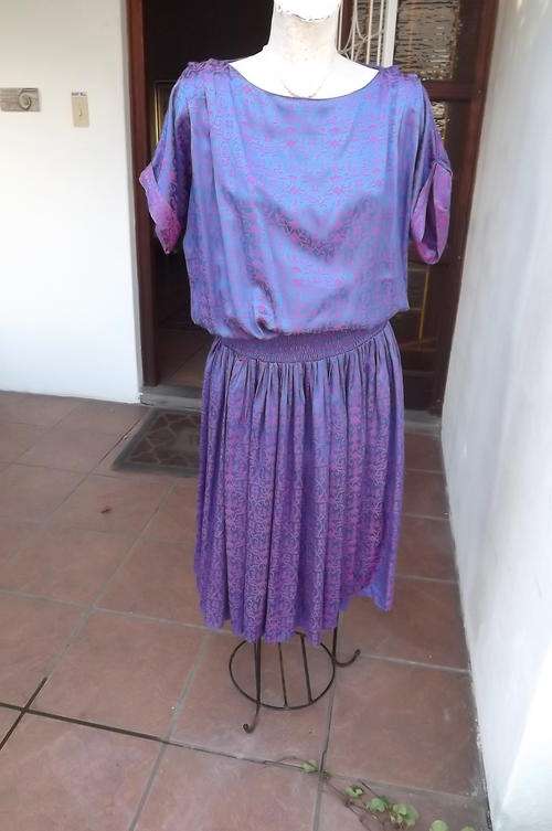 Beautiful Indigo Blue Silky Jacquard Dress with Violet Colour Pattern by Viocci in size 12/36