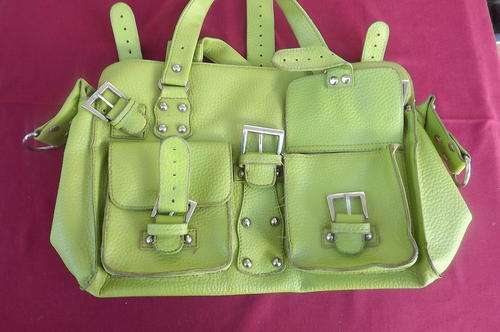 Neon Green Hand Bag with Side Bags - buckles and stud decoration - 3 studs missing - selling as is