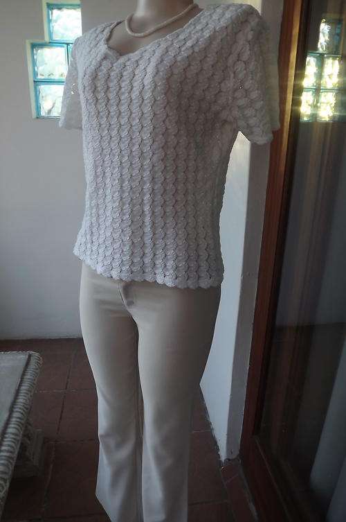 Cream Stretch Lace Short Sleeve Top by Topics in size 16/40 - very good condition