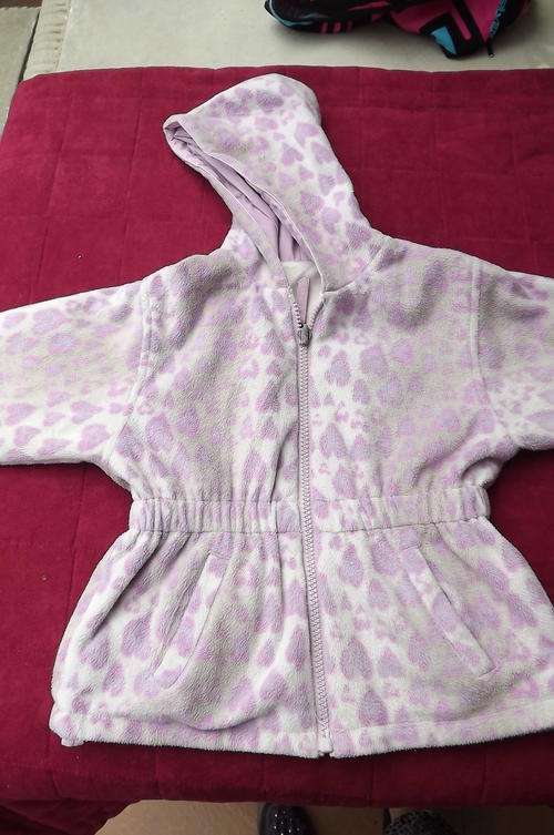Beige Hooded Fleece Jacket for 4-5yr old girl with purple hearts - zipped front, elasticated middle