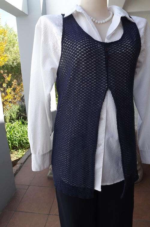 Navy Mesh Type Sleeveless Top with Open Front in size 12/36 by Insync  - used but fine for everyday