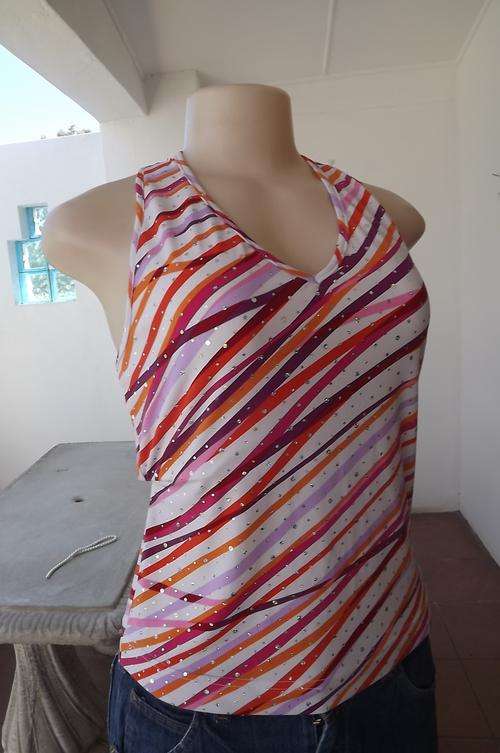 Halter Neck Stretch Top in Sexy Hot Colour Stripes with Bust Support in size 12/36 by Exact