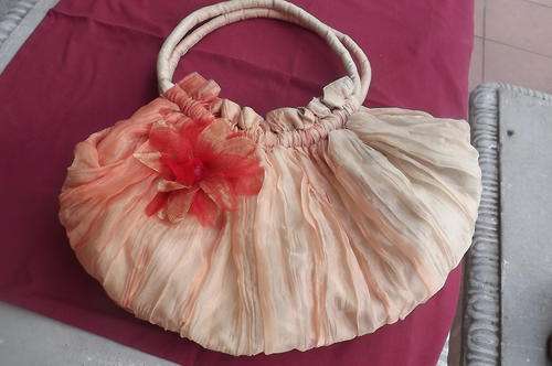Fabric Handbag in shades of peach with floral decoration - lining with extra zipped bag - 27x42cm