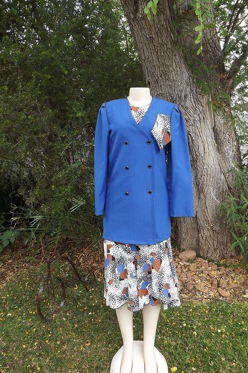 Elegant patterned dress with long double breast royal blue jacket.By Emile in Size 34/10.Worn once.