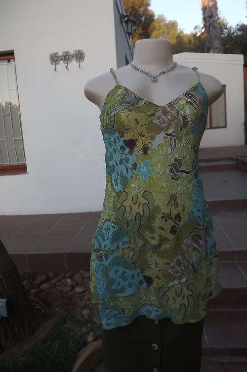 Sexy blue&green patterned sheer polyester top.Adjustable straps.Size 30/6 by Woolworths.