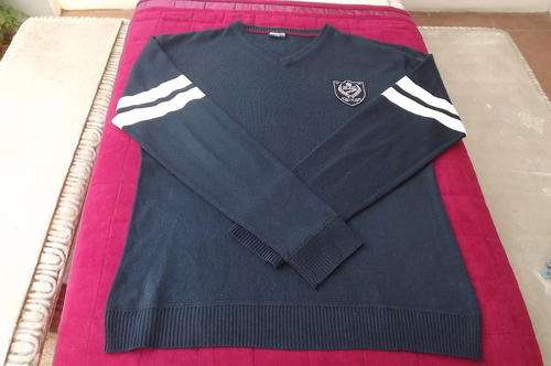 Navy V-neck Men's knitted jumper by Ocean One size Large-White stripes on shoulders.Badge on front.