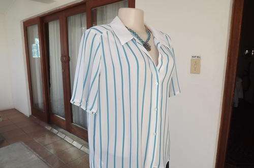 Vintage Sheer White & Turquoise Striped Blouse in size 14/38 by St Michaels from the UK