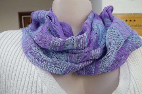 Handmade scarf by longneck people of Burma.In violet and light blue.Made with cotton yarn.112 x 27cm