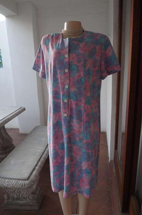 Pink and blue dress with lace pattern.Button down half way.Size 44/20.Heavy cotton fabric.