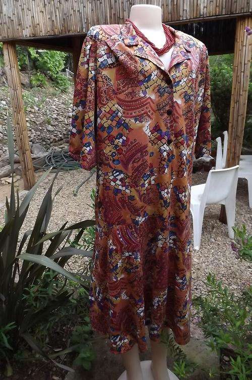 Silky polyester dress in Autumn colours and purple.Bohemian print dress size 50/26.Button down top