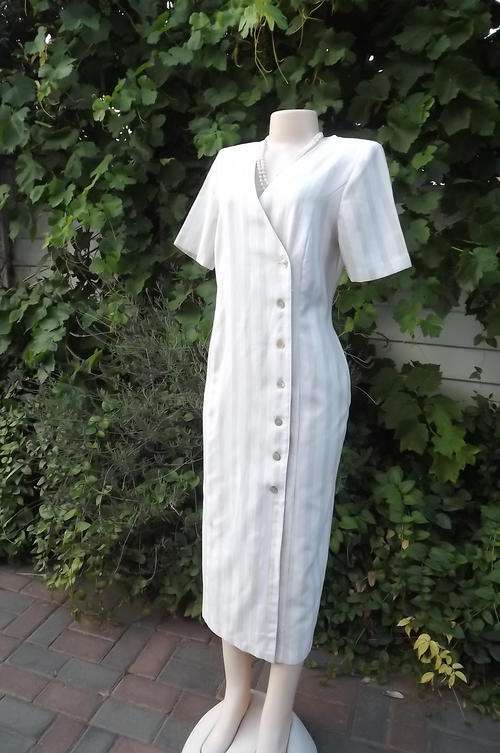 Elegant beige and white stripper. Fold over button down dress - Size 38/14 - by Foshini. As new