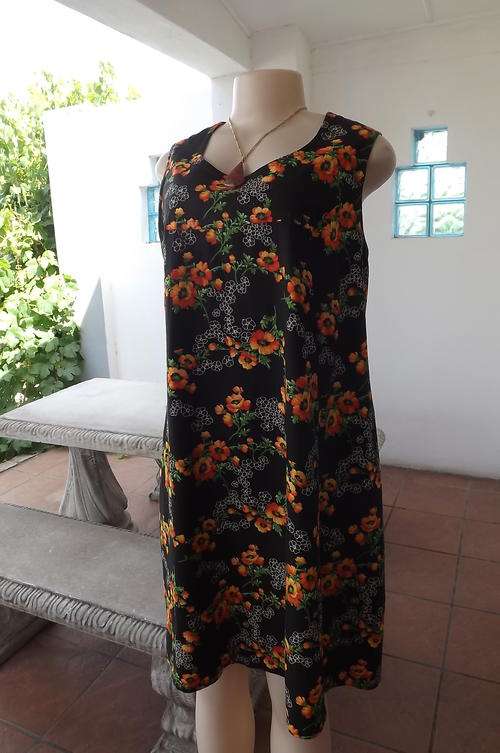Brown calf length loose sleeveless polycotton dress with cheerful orange flowers - Size 40/16