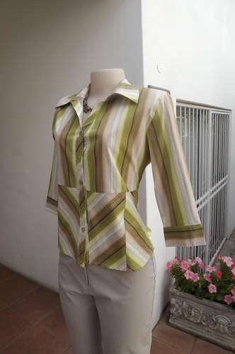 Green and beige stripe button down top with elbow length sleeves.Size 36/12 by Michaela