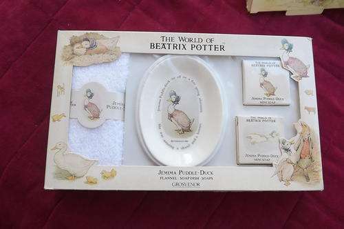 Vintage Beatrix Potter Jemima Puddle-Duck.4 piece set.Washcloth,soap dish and 2 soaps. Grosvencr.