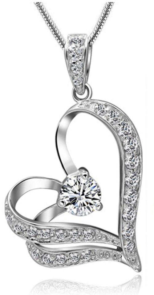 Double Heart Crystal Pendant Necklace - White Gold Plated