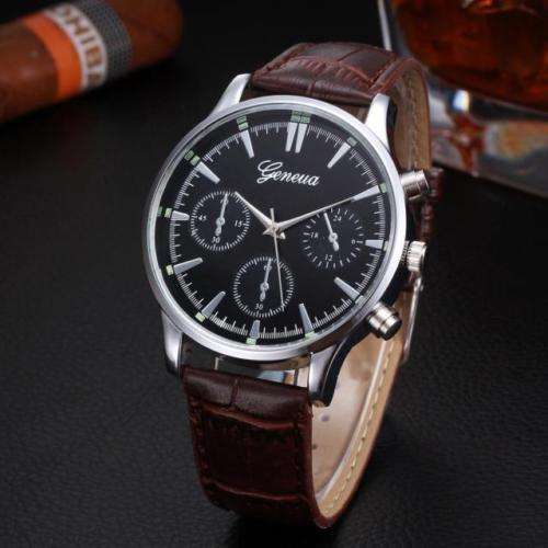 GENEVA Mens military  Leather Dial Watch Stainless Steel Analog