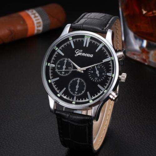 GENEVA Mens military  Leather Dial Watch Stainless Steel Analog