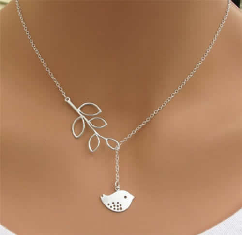 Silver Charm, bird and leaves Pendant with Necklace