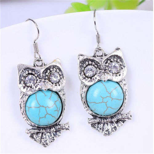 Blue Turquoise Stone Owl Pendant Necklace & Dangle Earrings** -