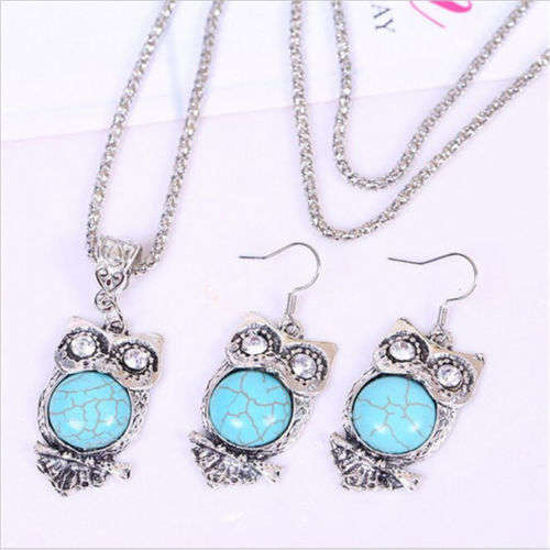 Blue Turquoise Stone Owl Pendant Necklace & Dangle Earrings** -