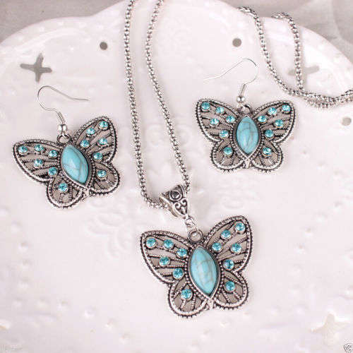 Tibetan silver butterfly earring and necklace set  .. low SNAP FRI shipping special