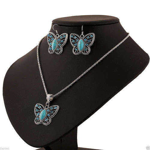 Tibetan silver butterfly earring and necklace set  .. low SNAP FRI shipping special