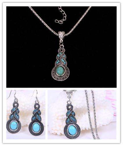 Tibetan silver pendant, earring and necklace set  .