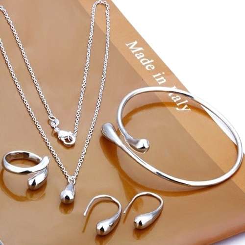 Water Drop Chain Bracelet Necklace Ring Hook Oval Earrings Set