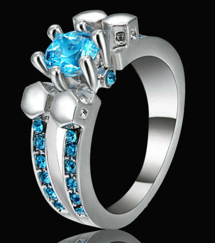 4.2ct Lab Aquamarine Round CZ 10KT White Gold Filled Ring Size 7 - low low  shipping-