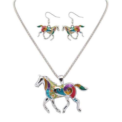 Wild colorful horse pendant and earrings set