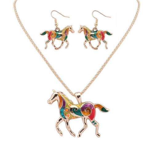 Wild colorful horse pendant and earrings set