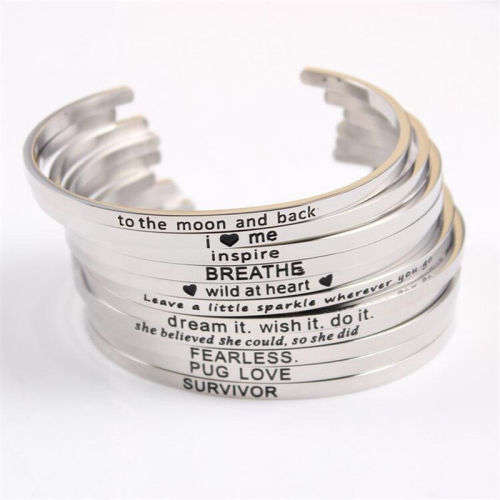 Stainless Steel Engraved Positive Inspirational Mantra Bracelet Bangle For Women