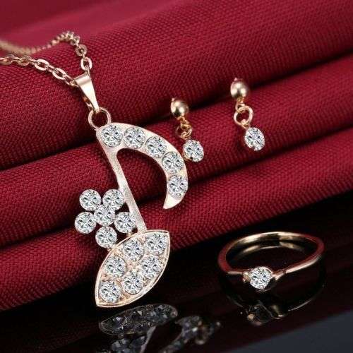 Music Note Jewelry Set Flower 18K Yellow Gold gp Crystal Necklace Earrings Ring