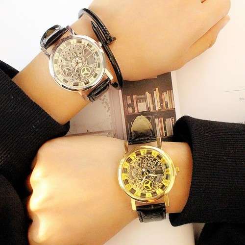 Mechanical Skeleton Transparent Vintage Style  Leather Watch
