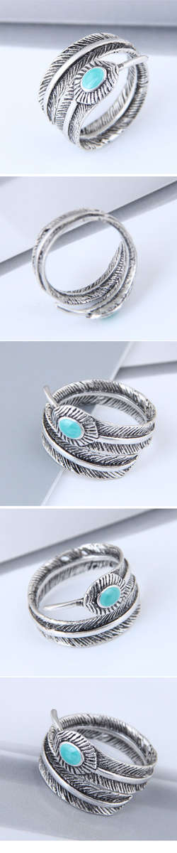 Tibetan silver feather ring with turquoise stone!!
