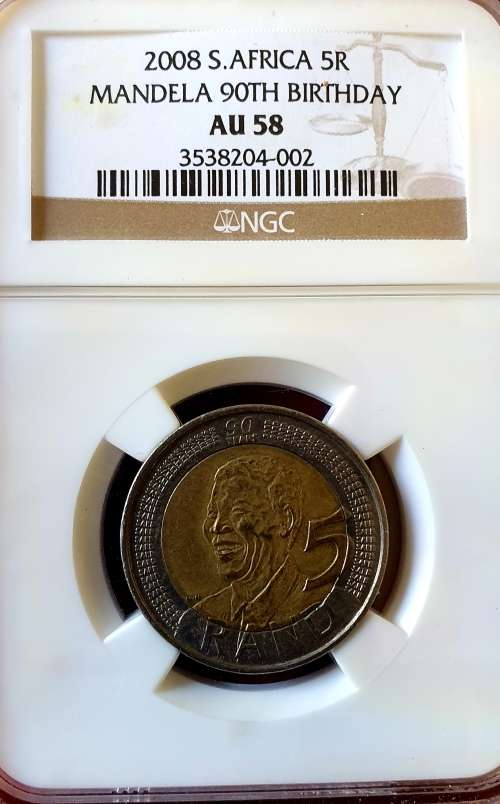 NELSON MANDELA 2008   R5. . AU 58. NGC GRADED. 90th Birthday