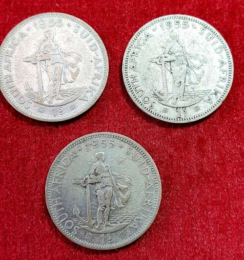 SHILLING 1955. SOUTH AFRICA . 3 X COINS. SILVER 16.5 gr. EXCEPTIONAL QUALITY.
