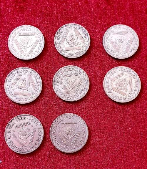 3 PENCE COLLECTION S. A.  ( 3D) 8 X COINS. "52,53,54,55,56,57,58.59. SILVER. 11.31 GR. ( B )