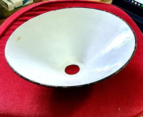 ANTIQUE STATION ENAMEL LAMP SHADE. WHITE WITH BLACK RIM. 23CM DIA. ( A )