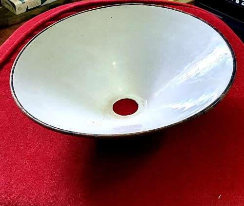 ANTIQUE STATION ENAMEL LAMP SHADE. WHITE WITH BLACK RIM. 23CM DIA. ( B )